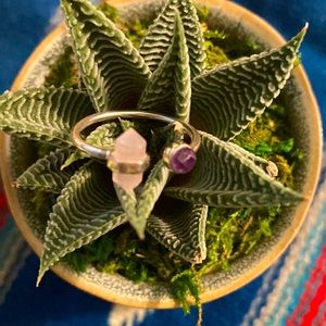 Unique adjustable silver and gemstone ring rose quartz & purple amethyst